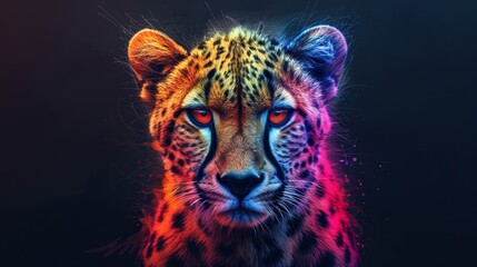   A tight shot of a cheetah's expressionistic face, radiant with multihued light emanating from its eyes - obrazy, fototapety, plakaty