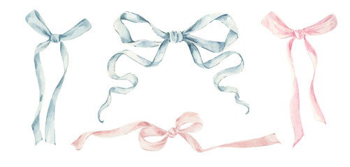 Watercolor set illustration of bows in blue and pink colors. Vintage clipart. Bow logo. Bow postcard template. Bow wedding invitation.