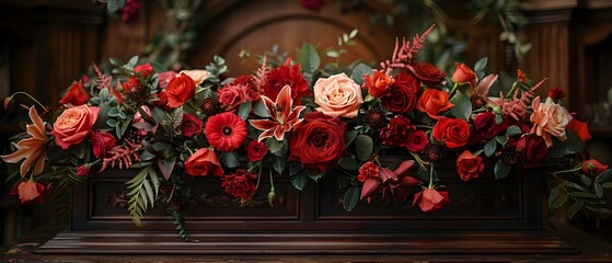 Fototapeta na wymiar A lovely dark wood coffin adorned with roses, lilies, and carnations creates a lush display. Shot up close, the image captures intricate details, enhanced by soft, diffused light for a warm atmosphere