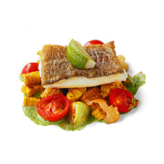 haute cuisine dish of fish with ingredients prepared with great flavor, with transparent background and shadow