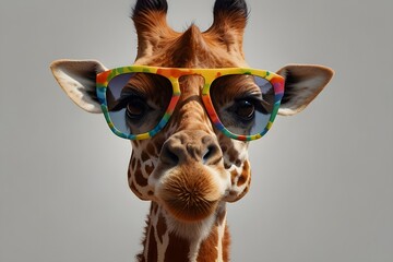 comical, insane giraffe with copy space and large sunglasses Cartoon giraffe with shades of color on a white background Adorable giraffe with sunglasses, gazing at the camera, beauty in the wild

