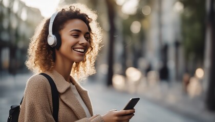 Happy young woman holding mobile phone enjoying music listening through wireless headphones on foot