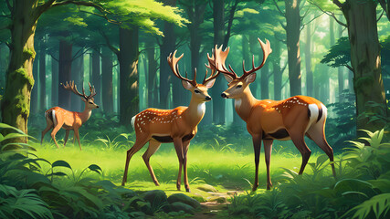 Graceful deer amidst the forest, showcasing wild nature and majestic antlers