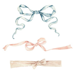 Set of Pink gift bow in watercolor style isolated on white background. Hand drawing decorative bow elements illustration