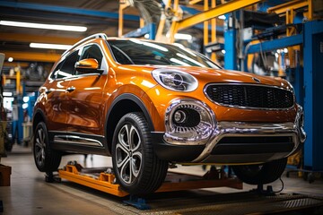 Fototapeta premium Repaired car on a lift in the garage for inspection and condition check, Generative AI.