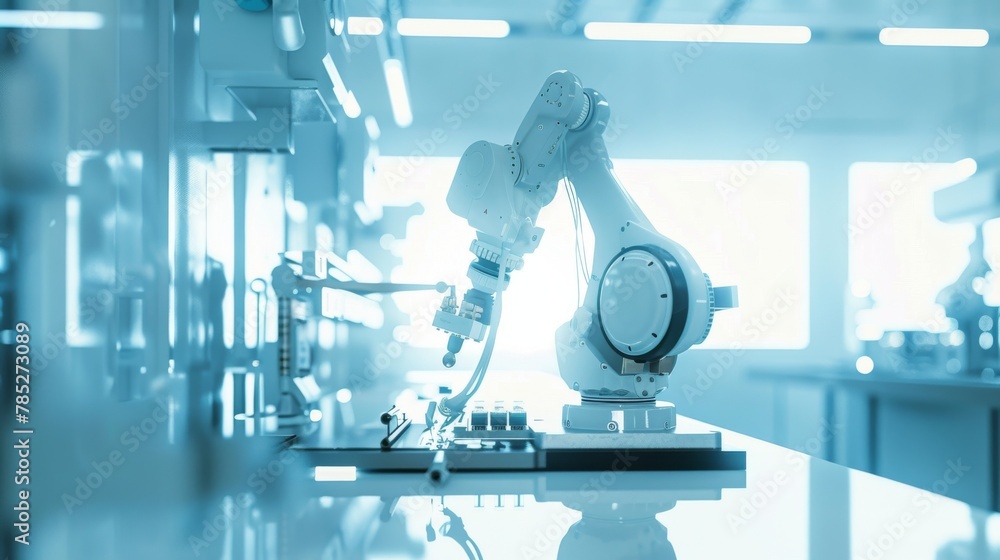 Poster precision robotic arm in high-tech factory environment for automation and manufacturing process