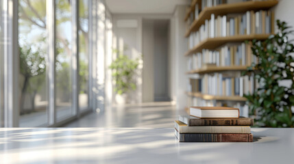White table with books over a blurred modern white study room in the background