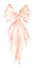 A creative arts representation of a pink bow on a white background. Peach fuzz bow. Bow watercolor logo.