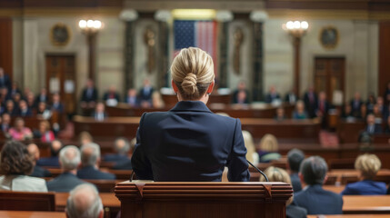 Woman politician in the congress speaking front view simetrical - obrazy, fototapety, plakaty