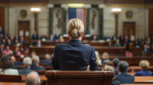 Woman politician in the congress speaking front view simetrical