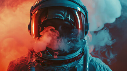 Astronaut blowing smoke from the helmet