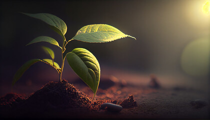 Young plant growing up from soil ground. Planting seed on the farm field. Spring morning sunlight. Generative AI
