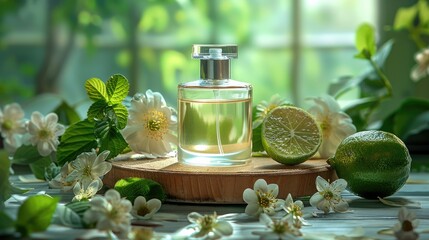 perfume bottles arranged on a wooden podium, accented by lime flowers, against a soothing beige background.