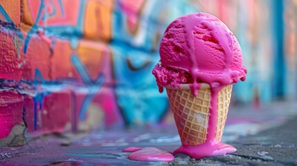 A melting scoop of strawberry and vanilla ice cream on a waffle cone against a vibrant graffiti...