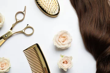 Fotobehang Flat lay composition with different hairdresser tools and flowers on white background © New Africa