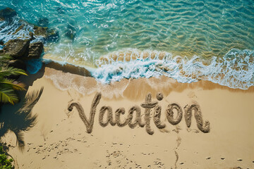 Vacation written in the sand on a tropical beach - 785274040