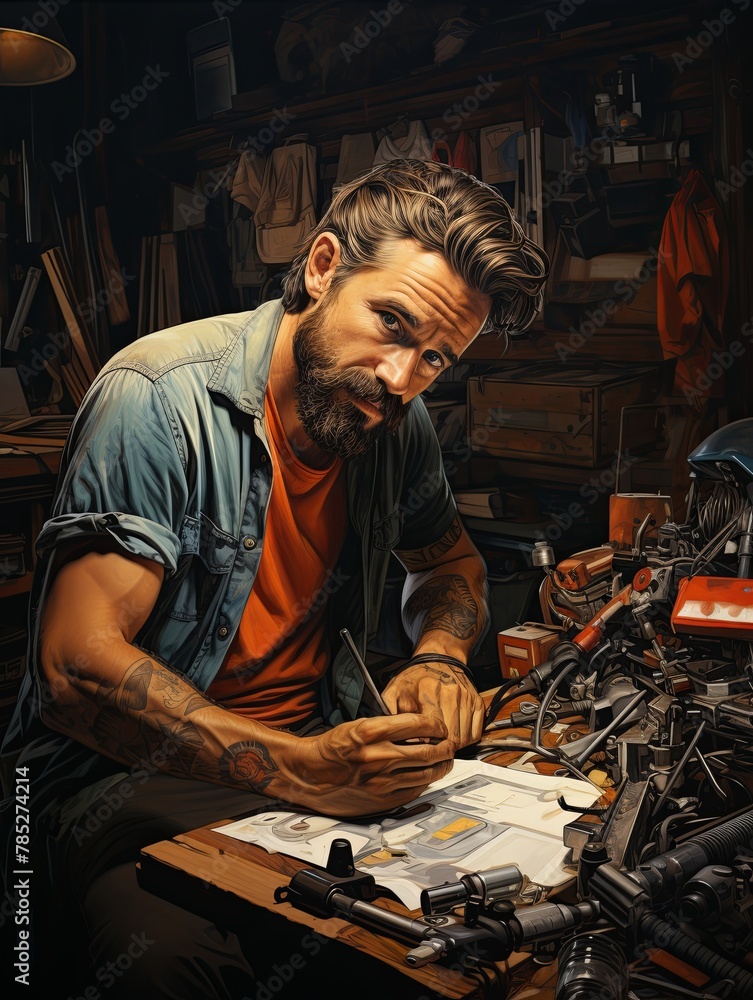 Poster An auto mechanic works in the garage. A mechanic inspects and repairs parts before replacing them on a car, Generative AI.