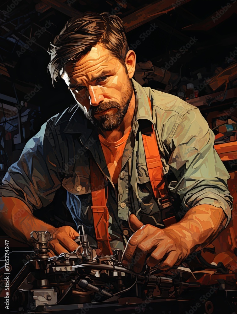 Poster An auto mechanic works in the garage. A mechanic inspects and repairs parts before replacing them on a car, Generative AI.