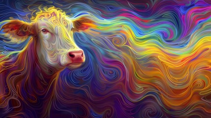   A painting of a cow's face with a multicolored swirl pattern on the opposite side