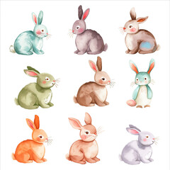 Easter colorful bunnies icons, in different positions, watercolor