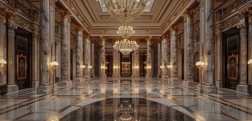 Brilliant chandelier shines in grand ballroom, highlighting lustrous marble surfaces.