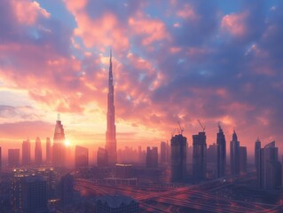 A city skyline with a tall building in the middle and a beautiful sunset in the background - obrazy, fototapety, plakaty