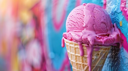 A melting scoop of strawberry and vanilla ice cream on a waffle cone against a vibrant graffiti wall. National Ice Cream Day
