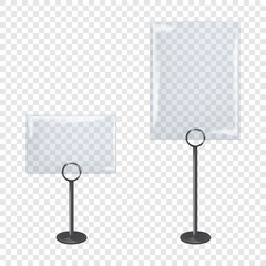 Clear table counter flyer holder vector mockup. Transparent countertop pop banner display stand mock-up. Template for design - 785275070
