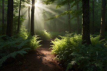 A peaceful morning in a misty forest with sunbeams peeping through the branches
