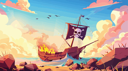Shipwreck after pirate ship attack. Vector cartoon illustration