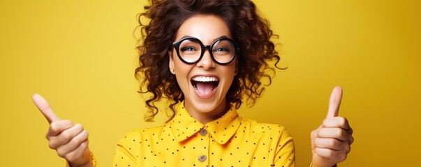 Photo of A woman holding up an empty frame with space for text on purple background, excited expression, wearing sunglasses and yellow dress. - obrazy, fototapety, plakaty