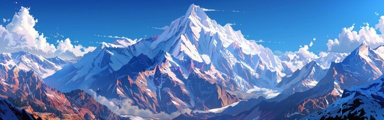 A mountain range with a large snow covered peak in the middle - Powered by Adobe
