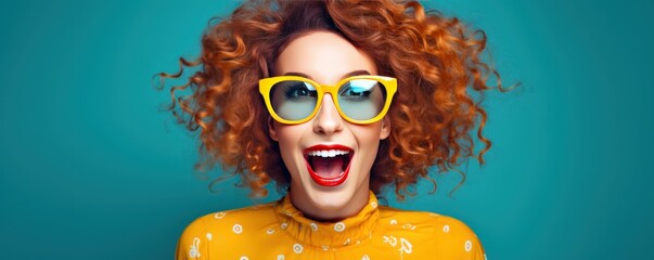 Photo of A woman holding up an empty frame with space for text on teal background, excited expression, wearing sunglasses and yellow dress - obrazy, fototapety, plakaty