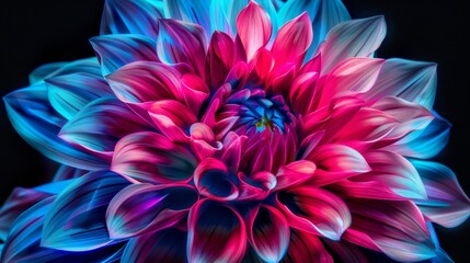   A tight shot of a pink-blue bloom against a black backdrop, its blue core situated at the flower's heart - obrazy, fototapety, plakaty