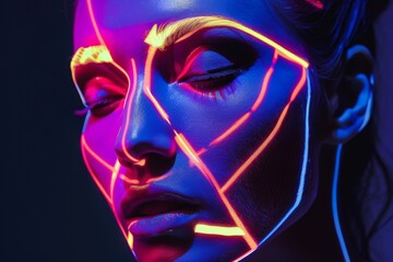 Futuristic portrait of a woman with vibrant neon geometric patterns