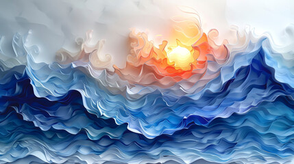 Seascape, waves and sun made of paper.