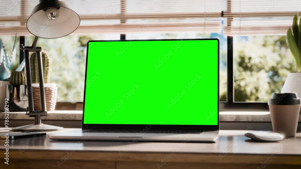 Aufkleber a laptop with a blank screen is placed on a stylish wooden desk with a loft-style interior. the came
