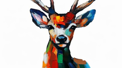  A painting of a deer with multihued spots on its face and antlers atop its head