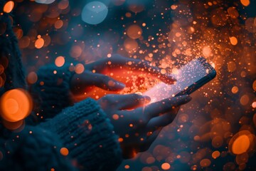 Fototapeta premium The magic of modern technology A person holding a cell phone with sparkling screen effects