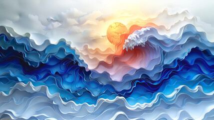 Fototapeta premium Seascape, waves and sun made of paper.