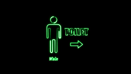 Neon glowing line Toilet Male sign. Right Pointer to the toilet or bathroom. male gender neon sign. WC toilet sign neon light design.