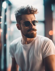 Fototapeta premium Neon light studio close-up portrait of serious man model with mustaches and beard in sunglasses