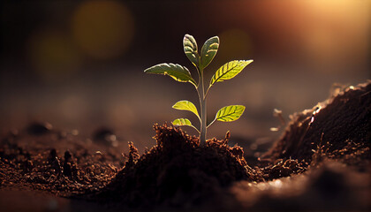 Young plant growing up from soil ground. Planting seed on the farm field. Spring morning sunlight. Generative AI