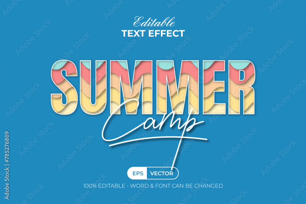 Poster summer camp text effect colorful papercut style. editable text effect.