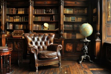 Elegant vintage library room with leather armchair and wooden bookshelves filled with books - obrazy, fototapety, plakaty