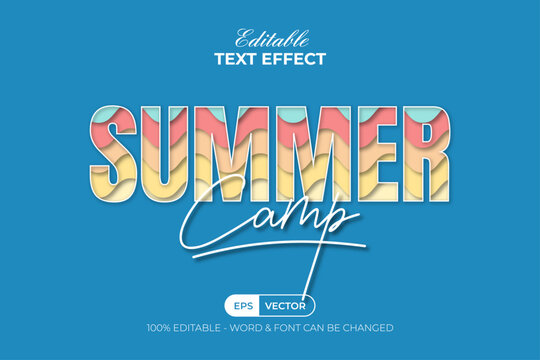 Summer Camp Text Effect Colorful Papercut Style. Editable Text Effect.