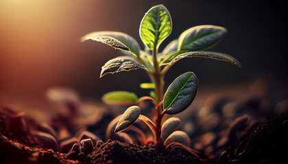 Young plant growing up from soil ground. Planting seed on the farm field. Spring morning sunlight. Generative AI