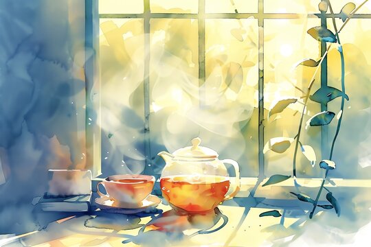 Utilize vibrant watercolor techniques to depict a soothing herbal tea blend, a steam inhalation session, and a warm compress Show the essence of chest congestion relief
