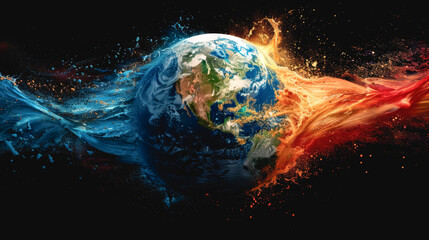 A stunning painting of the world with water and fire elements emerging from it. - obrazy, fototapety, plakaty