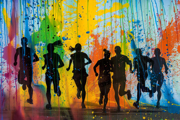 Die Silhouetten von Läufern mit bunten Farbklecksen, unterschiedliche Sportler beim Marathon mit farbenfrohen Kleksen - obrazy, fototapety, plakaty